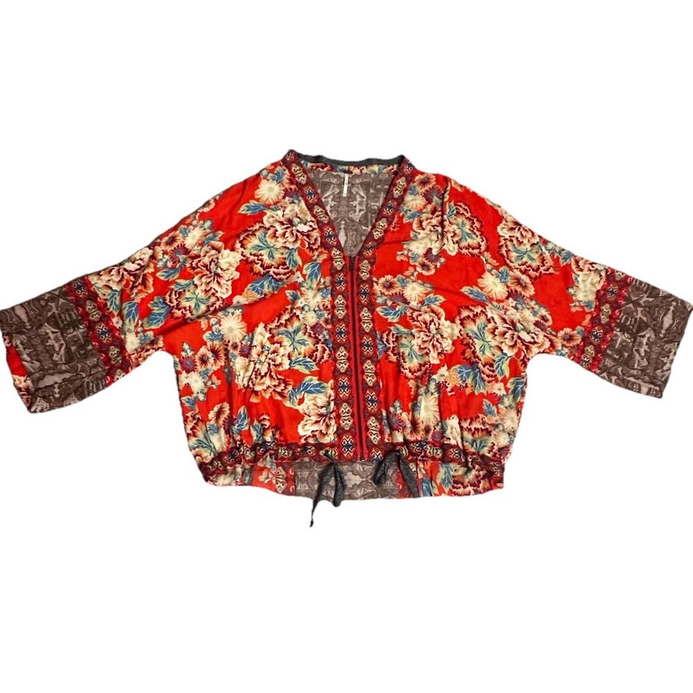 Free People Wildflower Kimono Jacket Orange Floral Boho Relaxed Resort Small